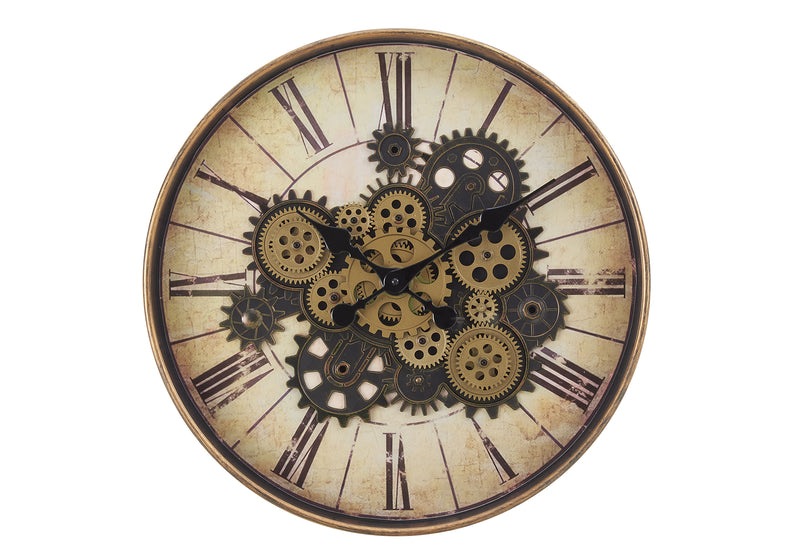 Clocks, 20" Round, Gear Mechanism, Wall Clock, Brown, Transitional