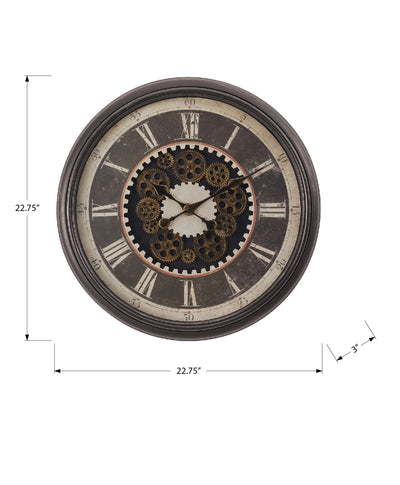 Clocks, 23" Round, Gear Mechanism, Wall Clock, Brown, Transitional