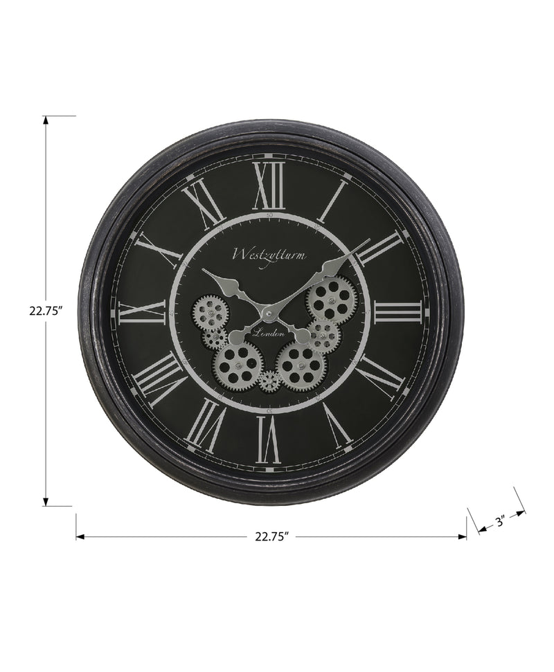 Horloges, 23" rondes, mécanisme à engrenages, horloge murale, noire, transitionnelle