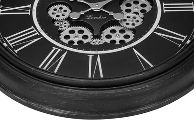 Horloges, 23" rondes, mécanisme à engrenages, horloge murale, noire, transitionnelle