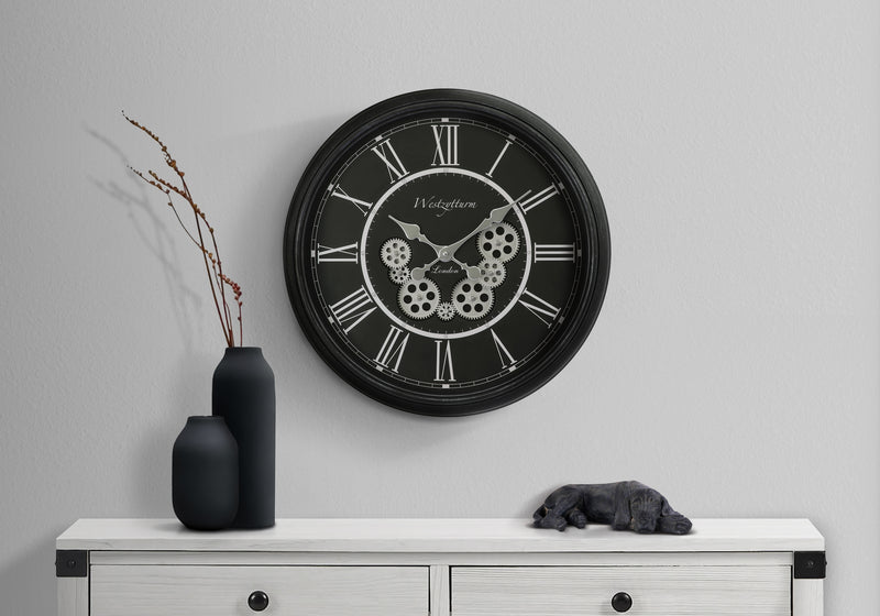 Horloges, 23" rondes, mécanisme à engrenages, horloge murale, noire, transitionnelle