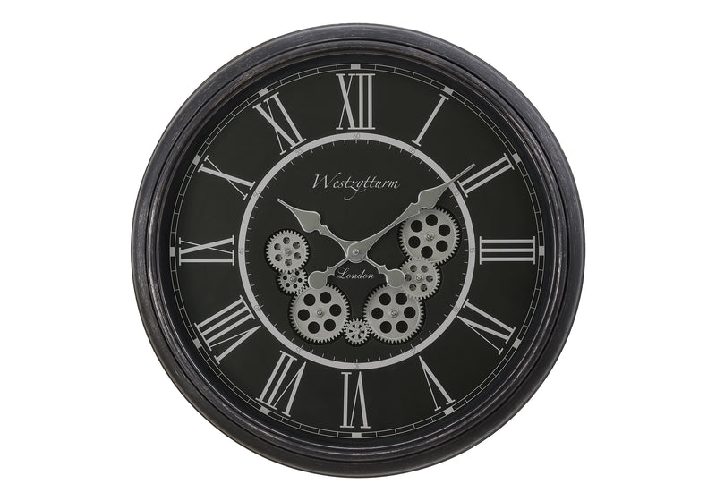 Horloges, 23" rondes, mécanisme à engrenages, horloge murale, noire, transitionnelle