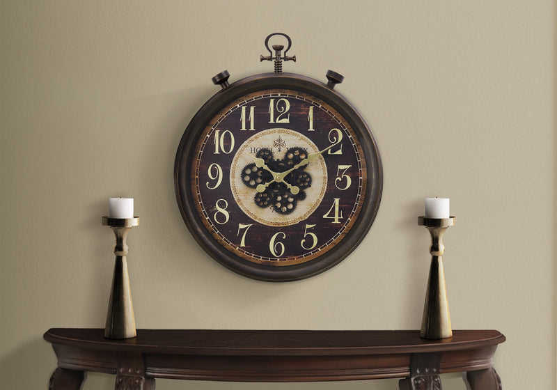 Clocks, 24" Round, Gear Mechanism, Wall Clock, Brown, Traditional