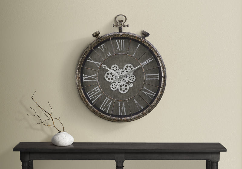 Clocks, 24" Round, Gear Mechanism, Wall Clock, Grey, Transitional