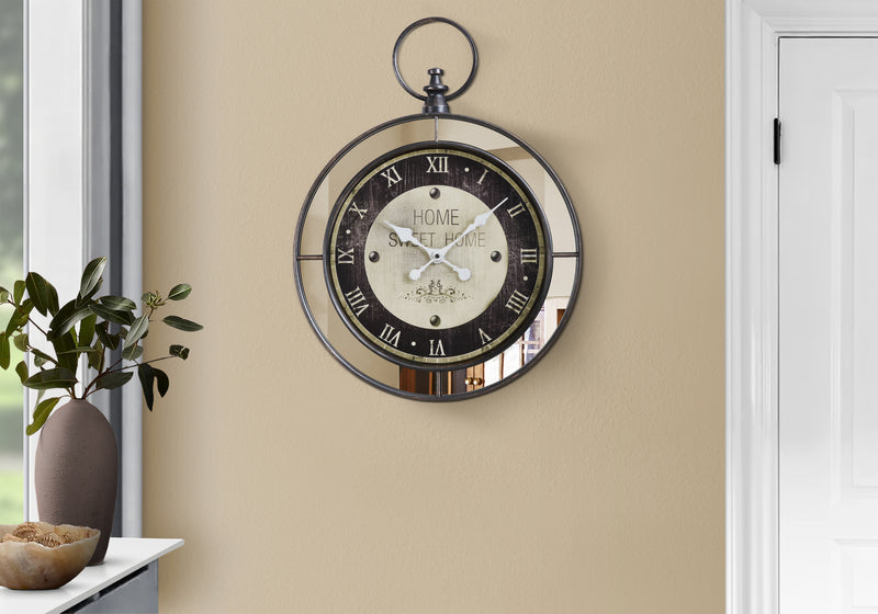 Horloges, 18" Ronde, Horloge Murale, Marron, Miroir, Transitionnel