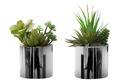 Set of 2 Artificial Succulent Plants in Chrome Pots, 7" Tall - Faux Greenery for Indoor Decor