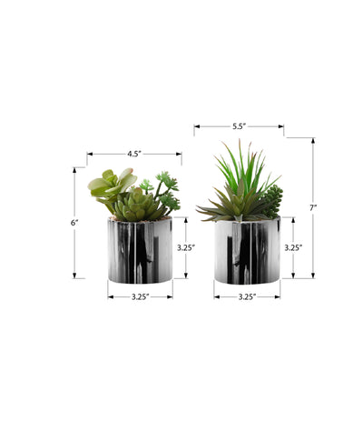 Lot de 2 plantes succulentes artificielles dans des pots chromés, 7" de haut - Fausse verdure pour la décoration intérieure