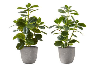 Lot de 2 plantes artificielles de 14 po de hauteur en faux ficus dans des pots gris - Verdure décorative d'intérieur