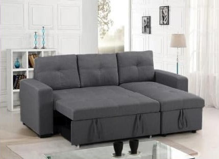 Canapé-lit sectionnel réversible en tissu gris avec méridienne de rangement