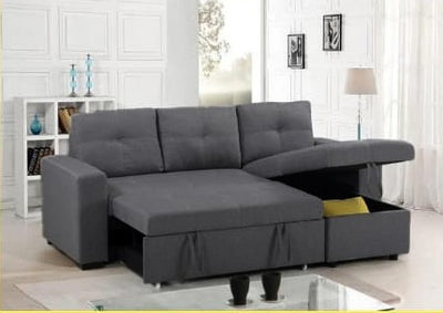 Canapé-lit sectionnel réversible en tissu gris avec méridienne de rangement