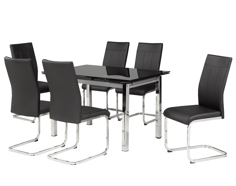 Extendable Glass Top Table with Black Chairs and Chrome legs