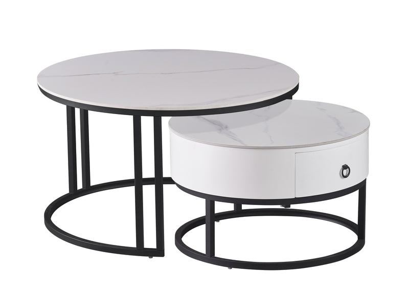 Set of 2 Coffee Tables: Marble Tops & Storage Drawer