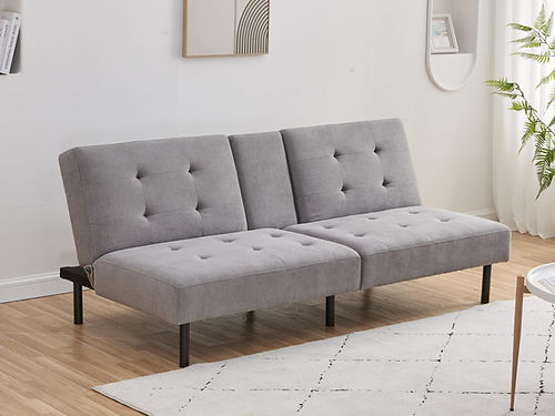 Canapé-lit en tissu gris avec porte-gobelets