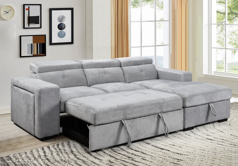 RHF Grey Chaise Sofa Bed with Storage, Charger & Adjustable Headrests