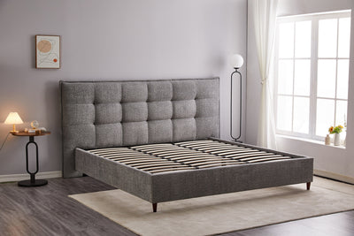 Modern Platform Bed with Grey Boucle Fabric & Black Steel Legs