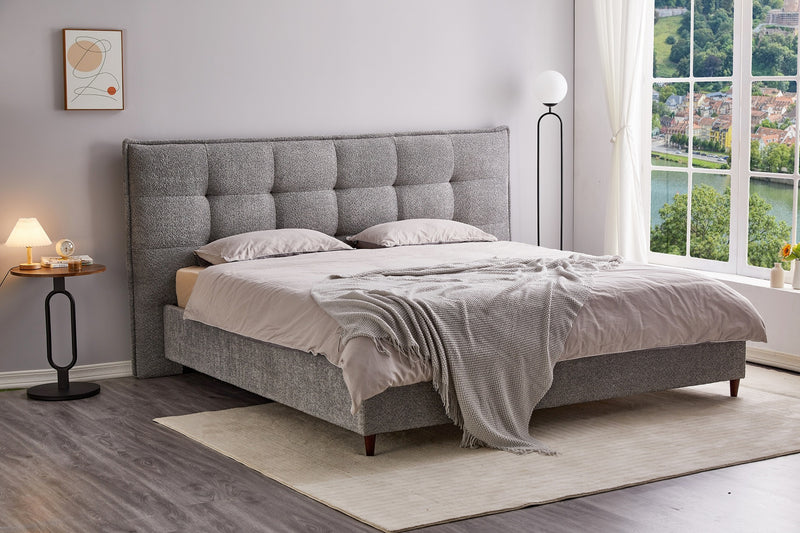 Modern Platform Bed with Grey Boucle Fabric & Black Steel Legs