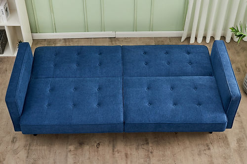 Canapé-lit bleu : mousse à mémoire de forme et pieds noirs élégants