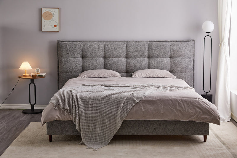 Modern Platform Bed with Grey Boucle Fabric & Black Steel Legs