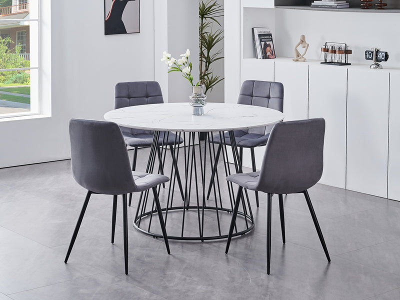 White Marble Table & Grey Velvet Chairs Set with Black Steel Base