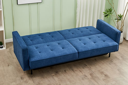 Canapé-lit bleu : mousse à mémoire de forme et pieds noirs élégants