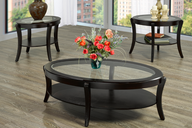 Ensemble de table basse ovale avec plateau en verre et base en bois massif