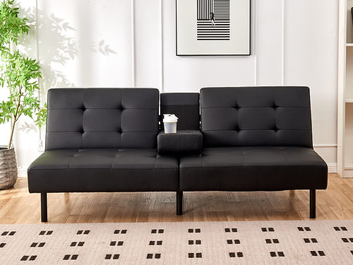 Black Faux Leather SofaBed w/ cup holders