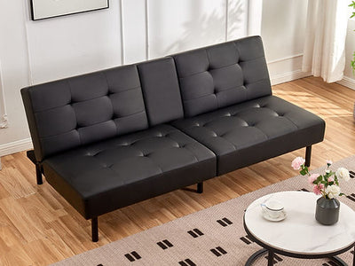 Canapé-lit en simili cuir noir avec porte-gobelets