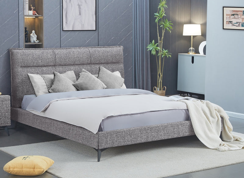 Modern Platform Bed with Black Steel Legs & Grey Fabric