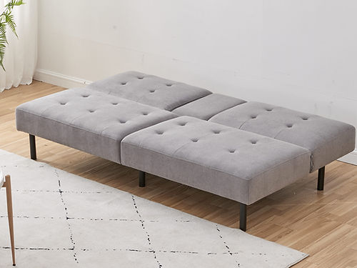 Canapé-lit en tissu gris avec porte-gobelets