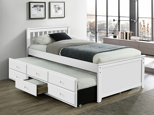 White Solid Wood Bed with Trundle and 3 Pullout Drawers