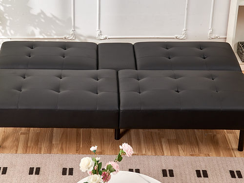 Canapé-lit en simili cuir noir avec porte-gobelets
