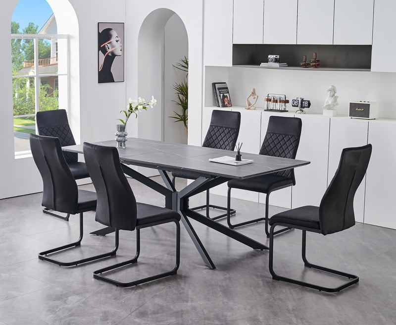 Grey Marble Table & Black Velvet Chairs Set with Steel Base