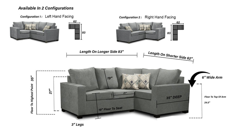 Sectionnel 2 x 1 fabriqué au Canada | Configuration LHF/RHF | 17 options de couleurs