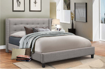 Wing Platform Bed with tufted headboard and nail head detail (Grey/Beige)