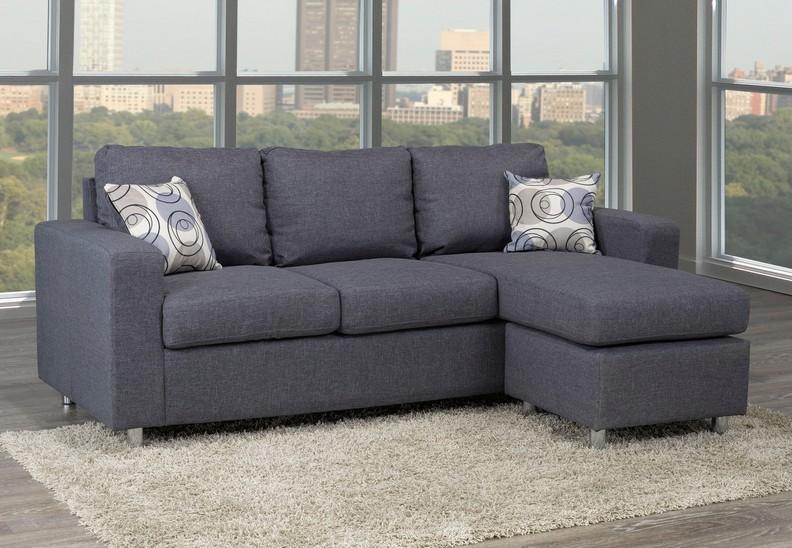 Grey Fabric Sofa With Chrome Legs and Accent Pillows