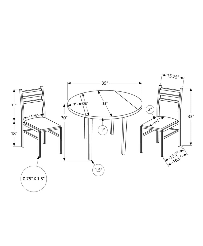 Contemporary 3pcs Dining Table Set, Small 35" Drop Leaf, Black Metal & Grey Laminate