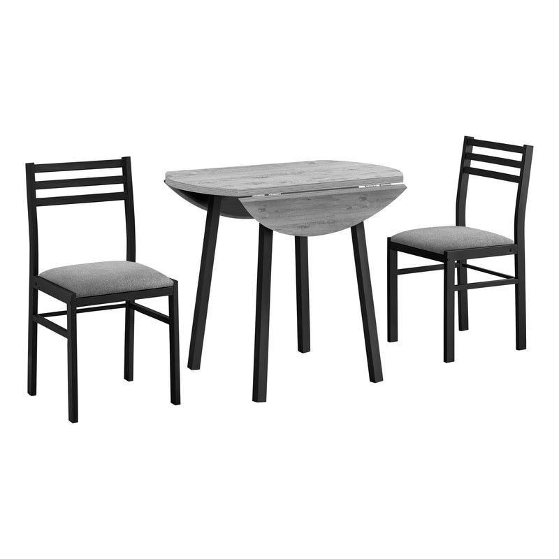 Contemporary 3pcs Dining Table Set, Small 35" Drop Leaf, Black Metal & Grey Laminate