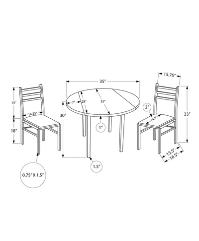 Contemporary Dining Table Set, 3pcs, Small 35" Drop Leaf, White Metal & Laminate, Grey Fabric