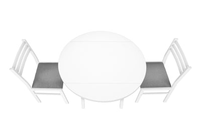 Contemporary Dining Table Set, 3pcs, Small 35" Drop Leaf, White Metal & Laminate, Grey Fabric