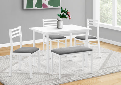 Contemporary 5pcs Dining Set, 40" Rectangular, White Metal & Laminate, Grey Fabric