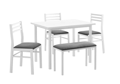 Contemporary 5pcs Dining Set, 40" Rectangular, White Metal & Laminate, Grey Fabric
