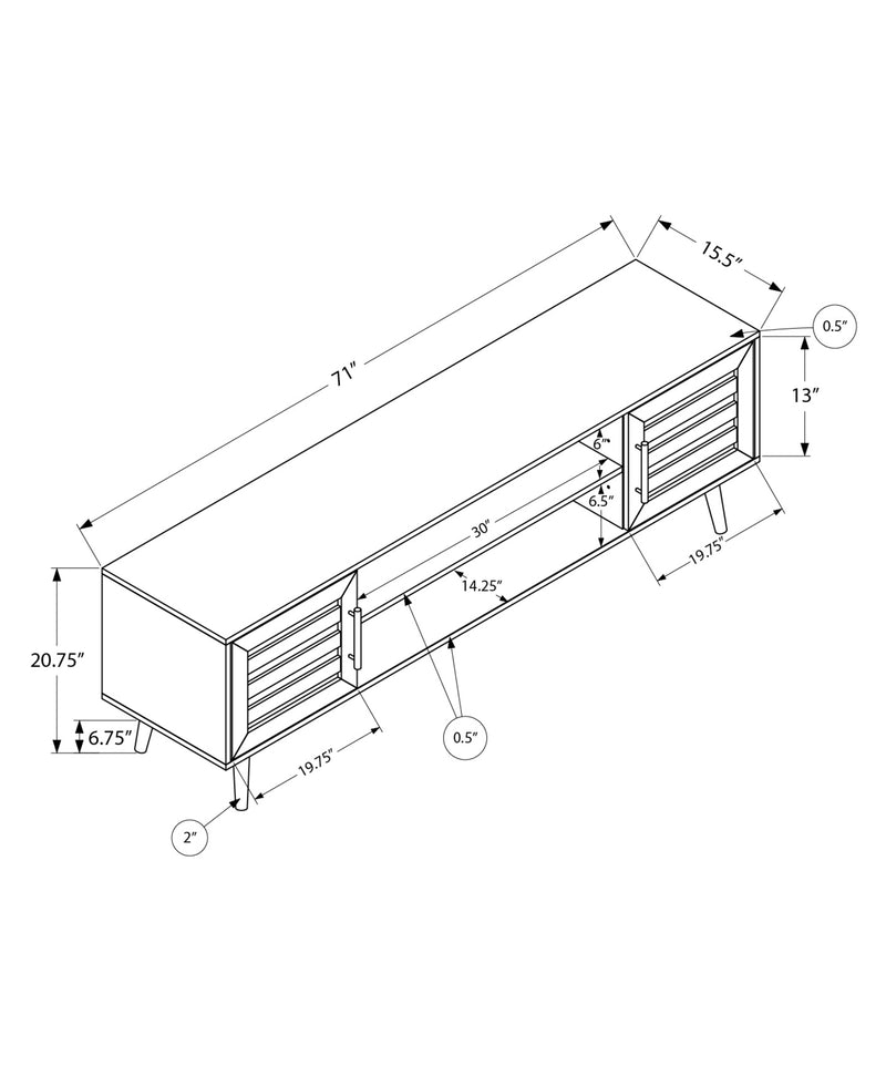 Console pour meuble TV 72" : stratifié marron, pieds en bois noir. Design transitionnel.