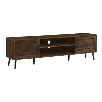 Console pour meuble TV 72" : stratifié marron, pieds en bois noir. Design transitionnel.