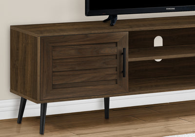 72" TV Stand Console: Brown Laminate, Black Wood Legs. Transitional design.