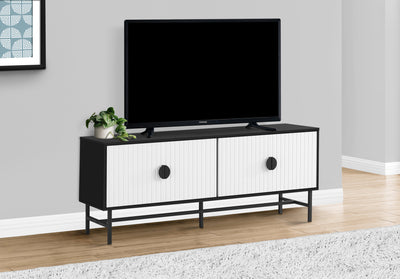 Meuble TV 60" : console multimédia contemporaine, stratifié noir et blanc, armoire de rangement, mobilier moderne