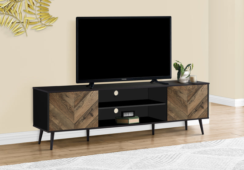 72" TV Stand Console, Brown/Black Laminate, Modern Design, Storage Cabinet