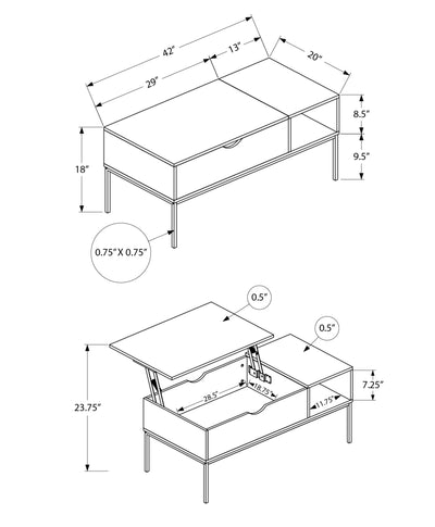 Table basse à plateau relevable, 42" L, rectangulaire, taupe foncé, métal noir - Contemporain et moderne
