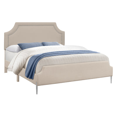 Transitional Upholstered Bed - Queen Size, Beige Linen Look, Chrome Legs