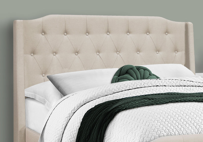 Cadre de lit rembourré Queen Size avec aspect lin beige - Style transitionnel