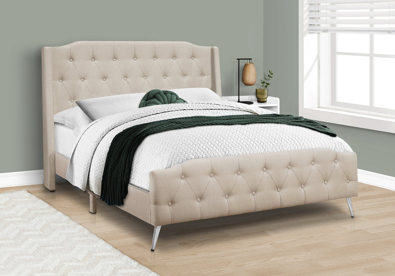 Cadre de lit rembourré Queen Size avec aspect lin beige - Style transitionnel